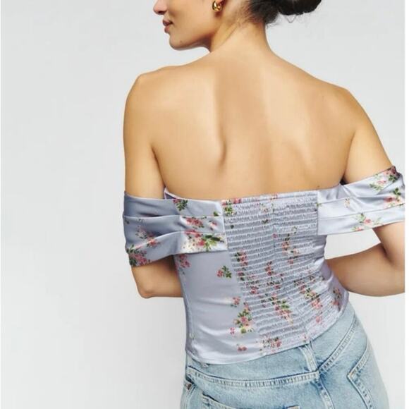 NWOT Reformation Lux Off-Shoulder Floral 100% Silk Top Size 2 Lilac Print - Picture 8 of 9